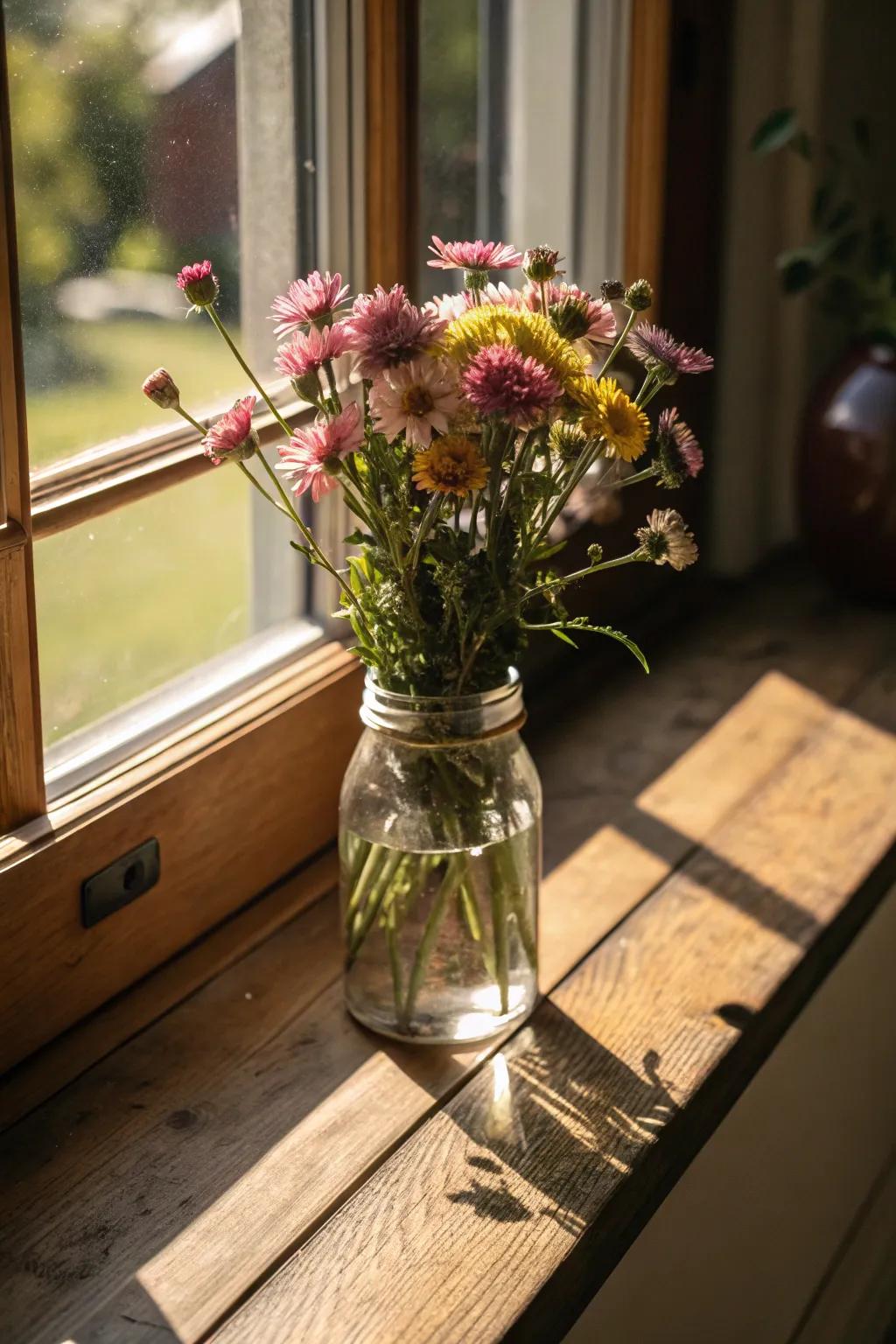 Wildflowers in a mason jar bring a rustic charm to any kitchen.