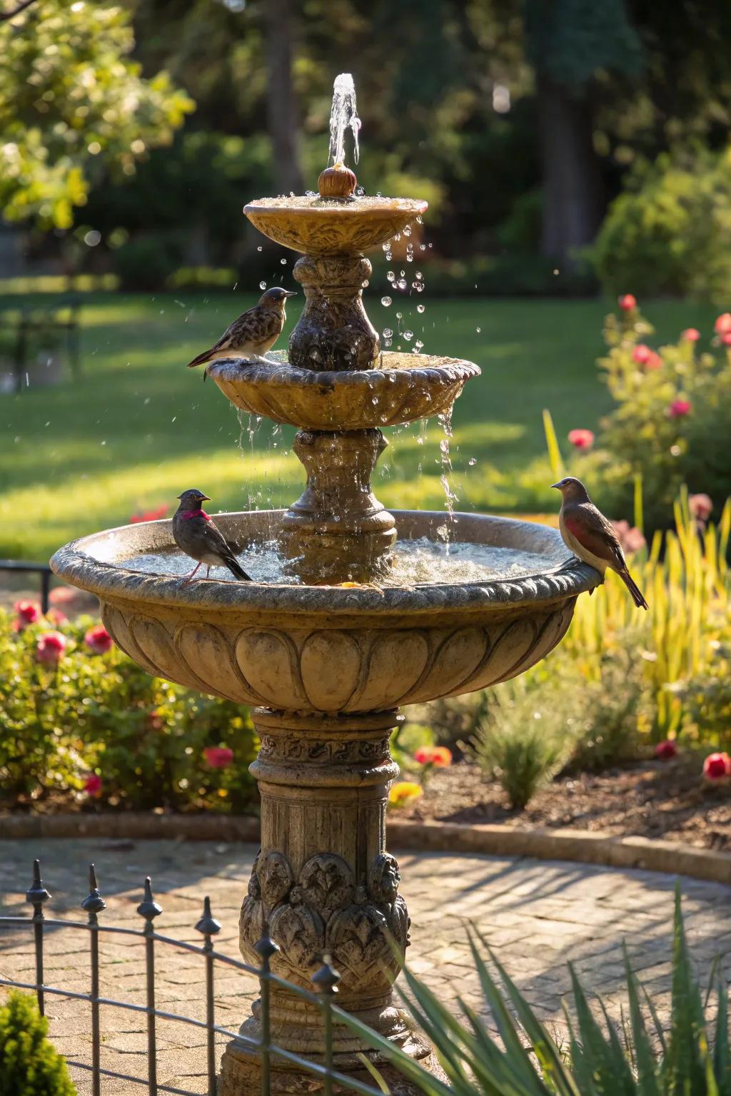 A timeless birdbath converted into a solar-powered fountain, drawing local birds.