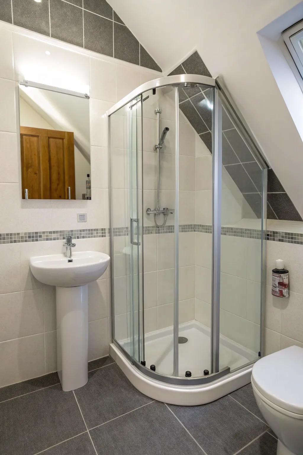 Efficient corner shower design that saves valuable floor space.