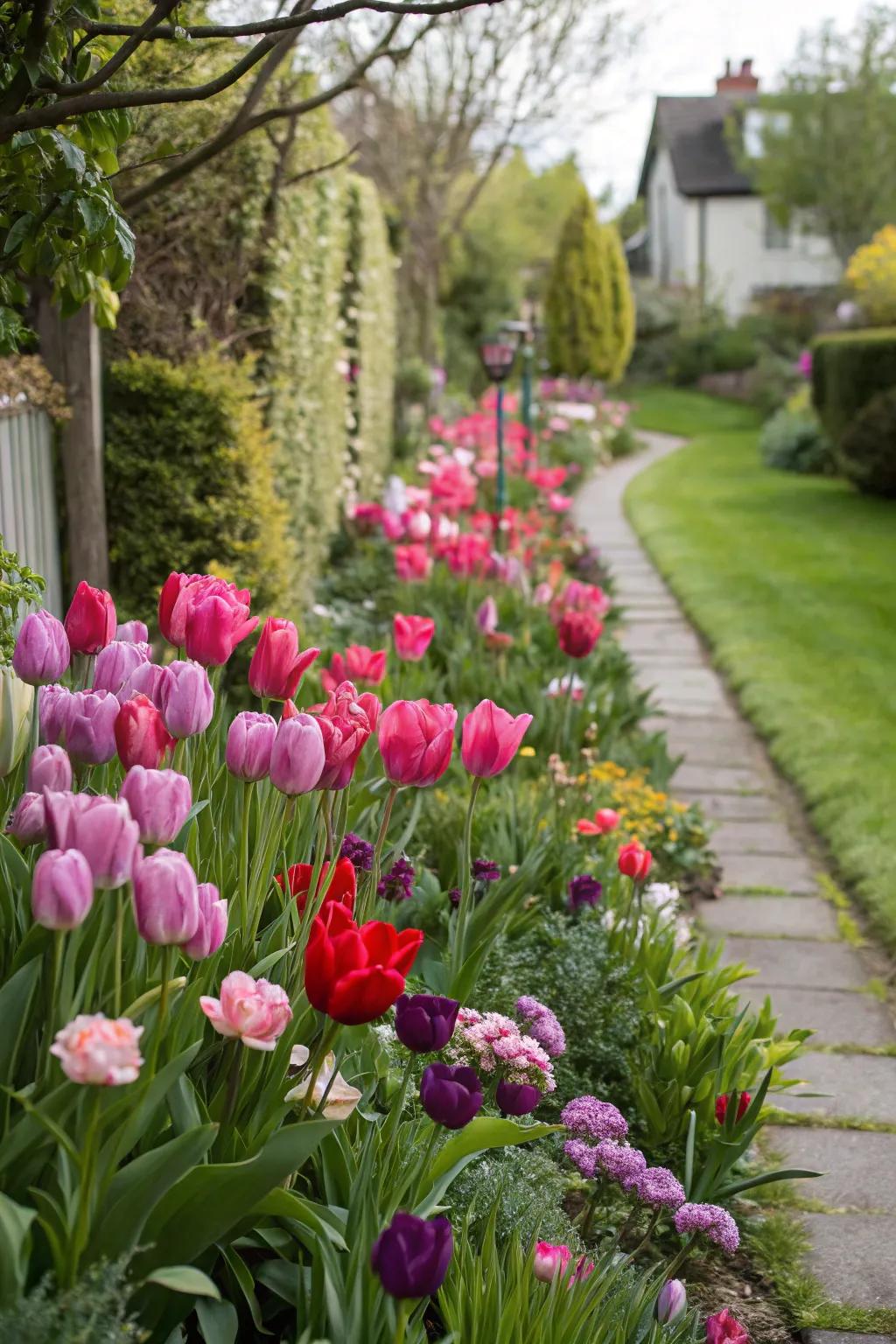 A stunning tulip border in an array of vibrant colors.