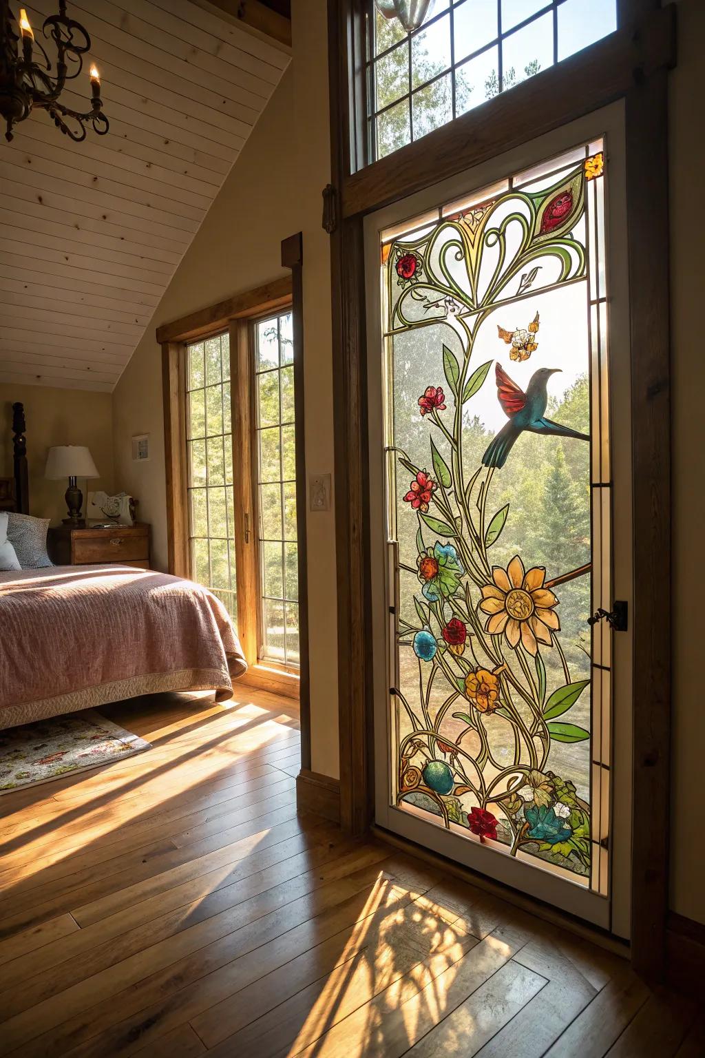 Nature-themed stained glass enlivens your bedroom with outdoor vibrancy.