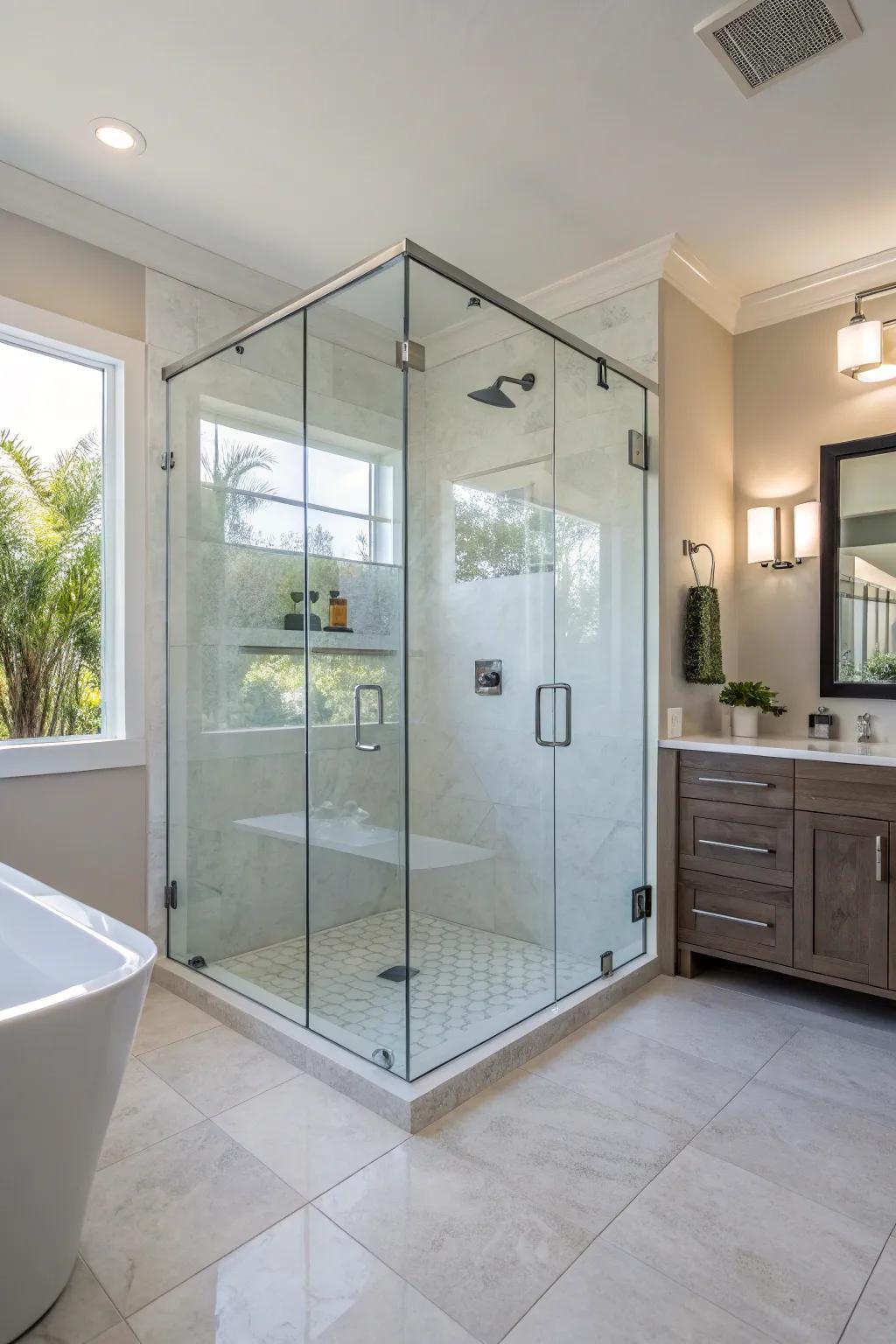 A frameless glass shower that brings elegance and space to a modern bathroom.