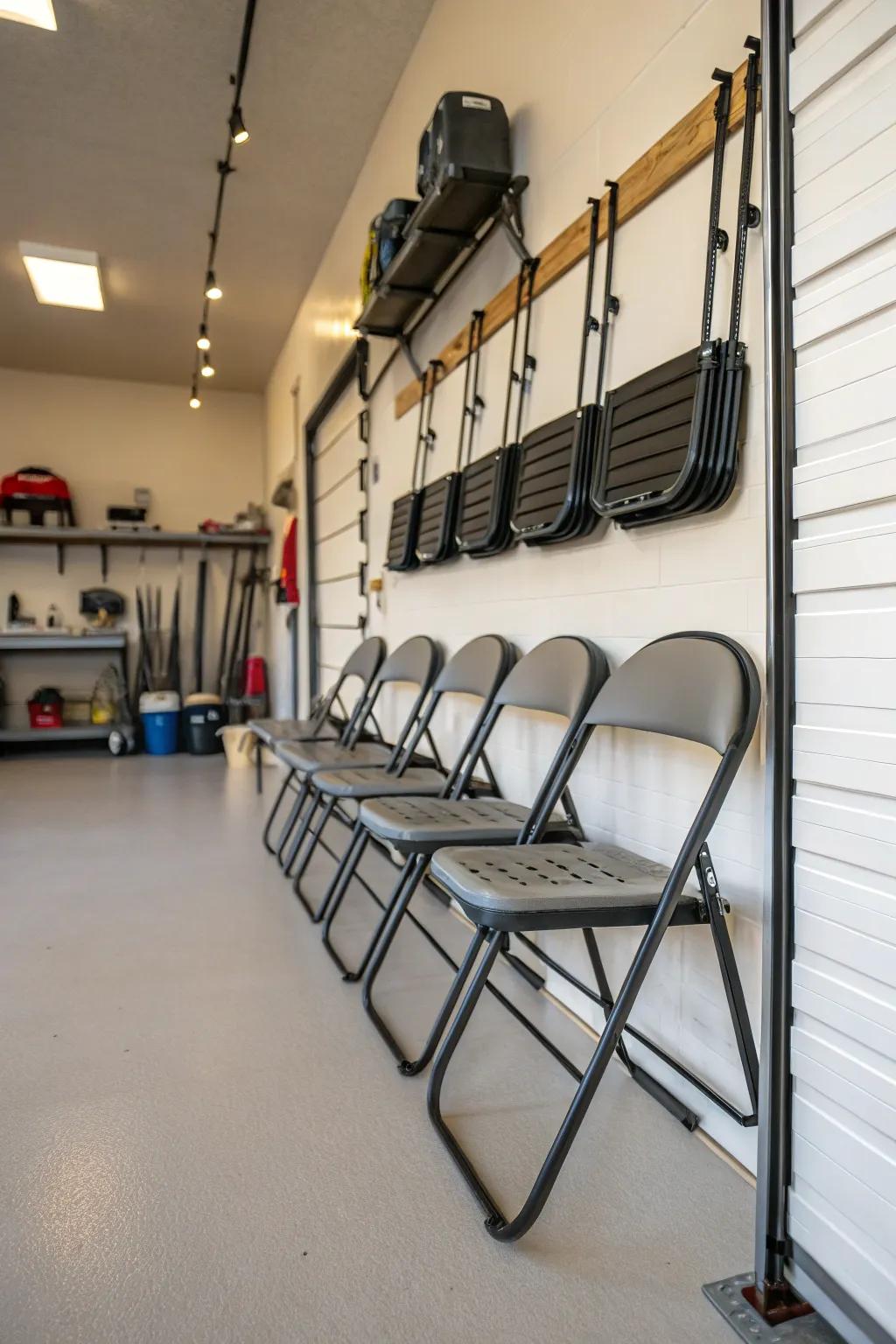 Maximize vertical space with wall-mounted racks for folding chairs.