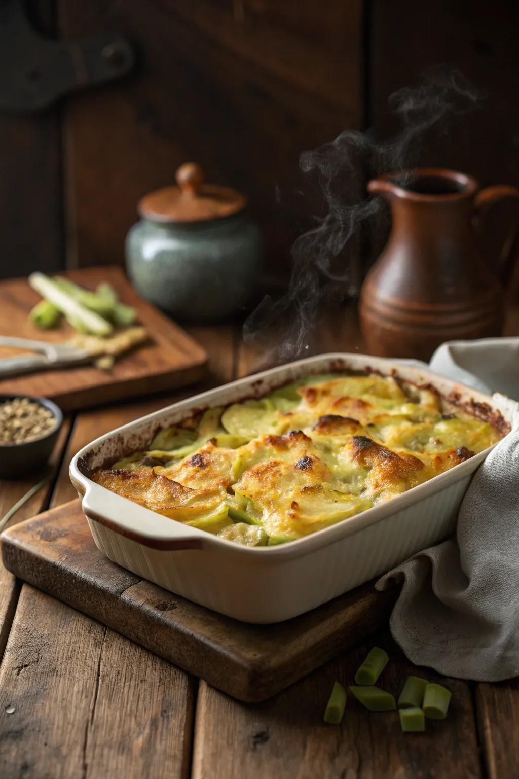 Golden-brown cheesy potato and leek casserole, perfect for a cozy Sunday.