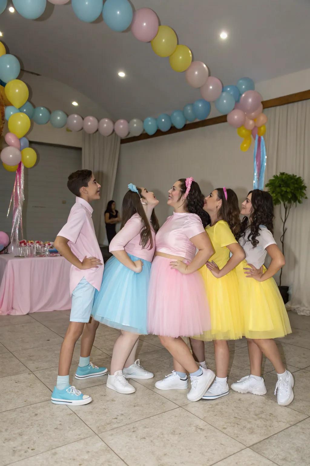 A color-coordinated court in pastel outfits.