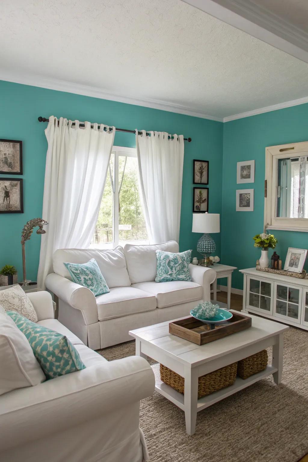 Teal walls offer a dramatic backdrop, perfectly balanced by pure white accents.