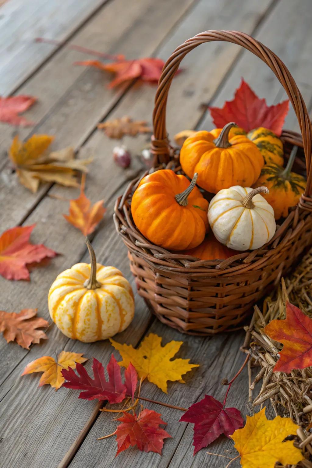 A basket capturing the essence of fall with pumpkins and gourds.