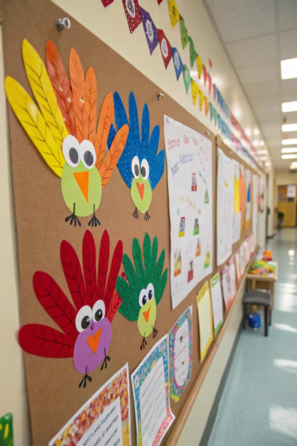 A charming display of handprint turkeys made by preschoolers.