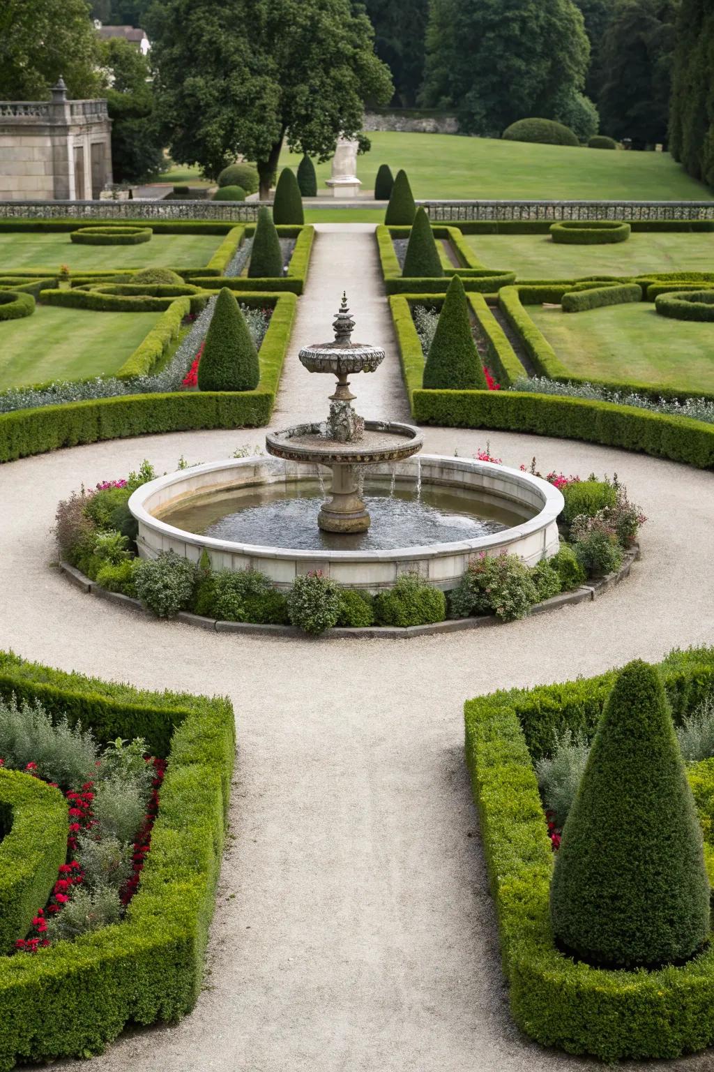 A formal garden featuring perfectly aligned hedges and a classic stone fountain.