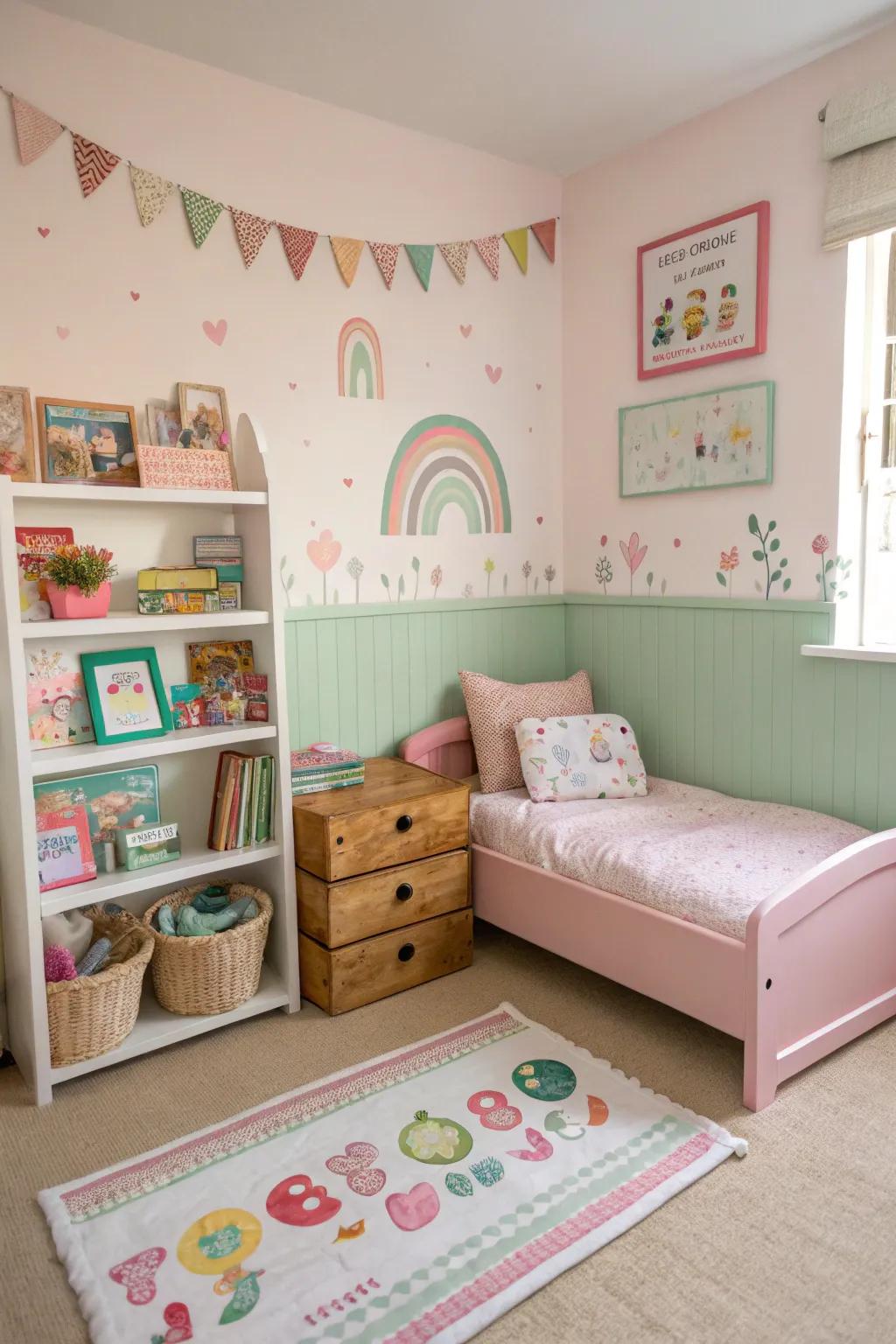 A pastel-themed toddler girl's room with soft accents.