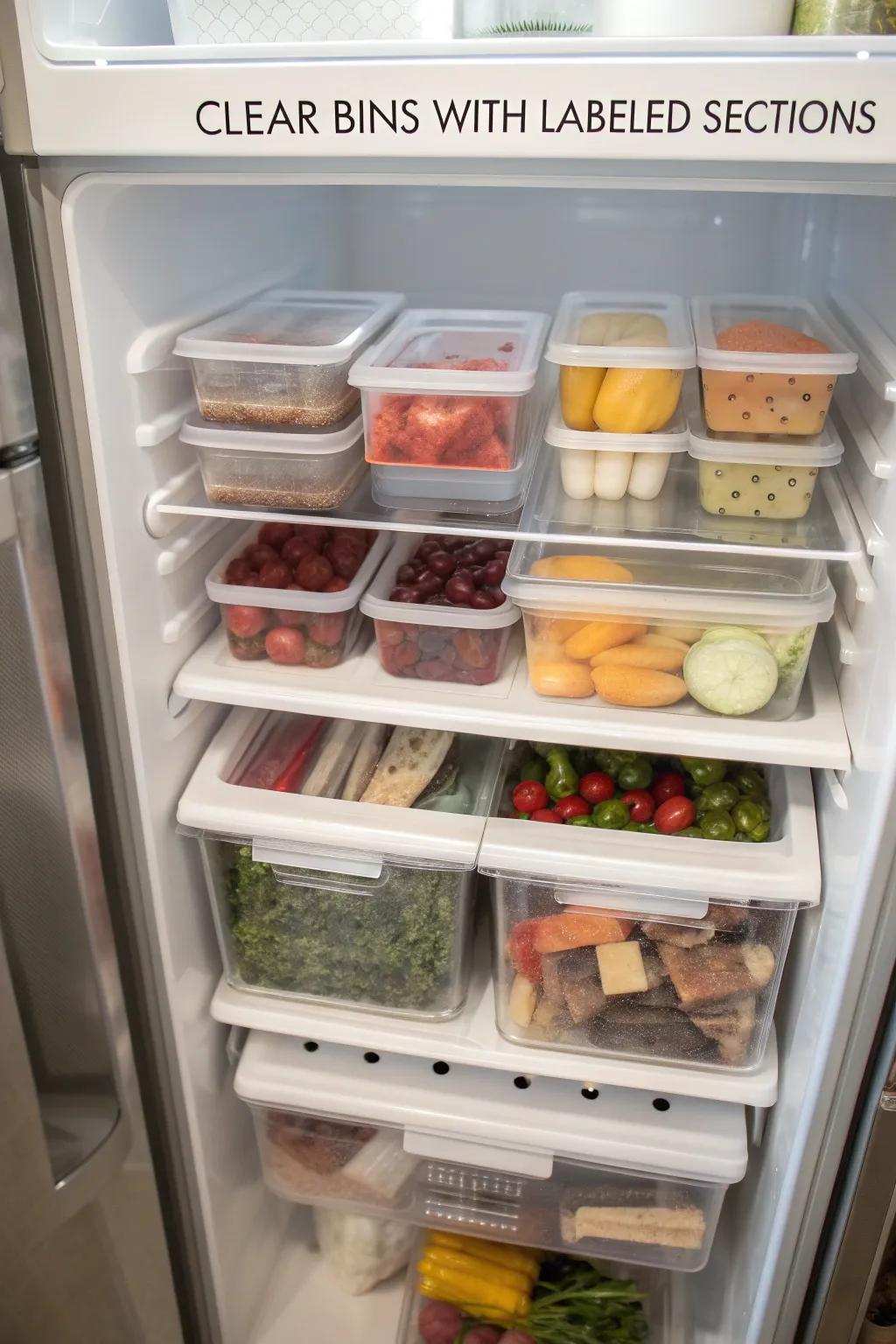 Clear bins with labeled sections, neatly organizing a variety of food items inside a top freezer.