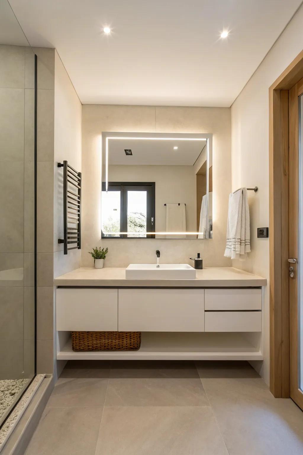 A minimalist bathroom showcasing a floating vanity for a sleek, modern look.