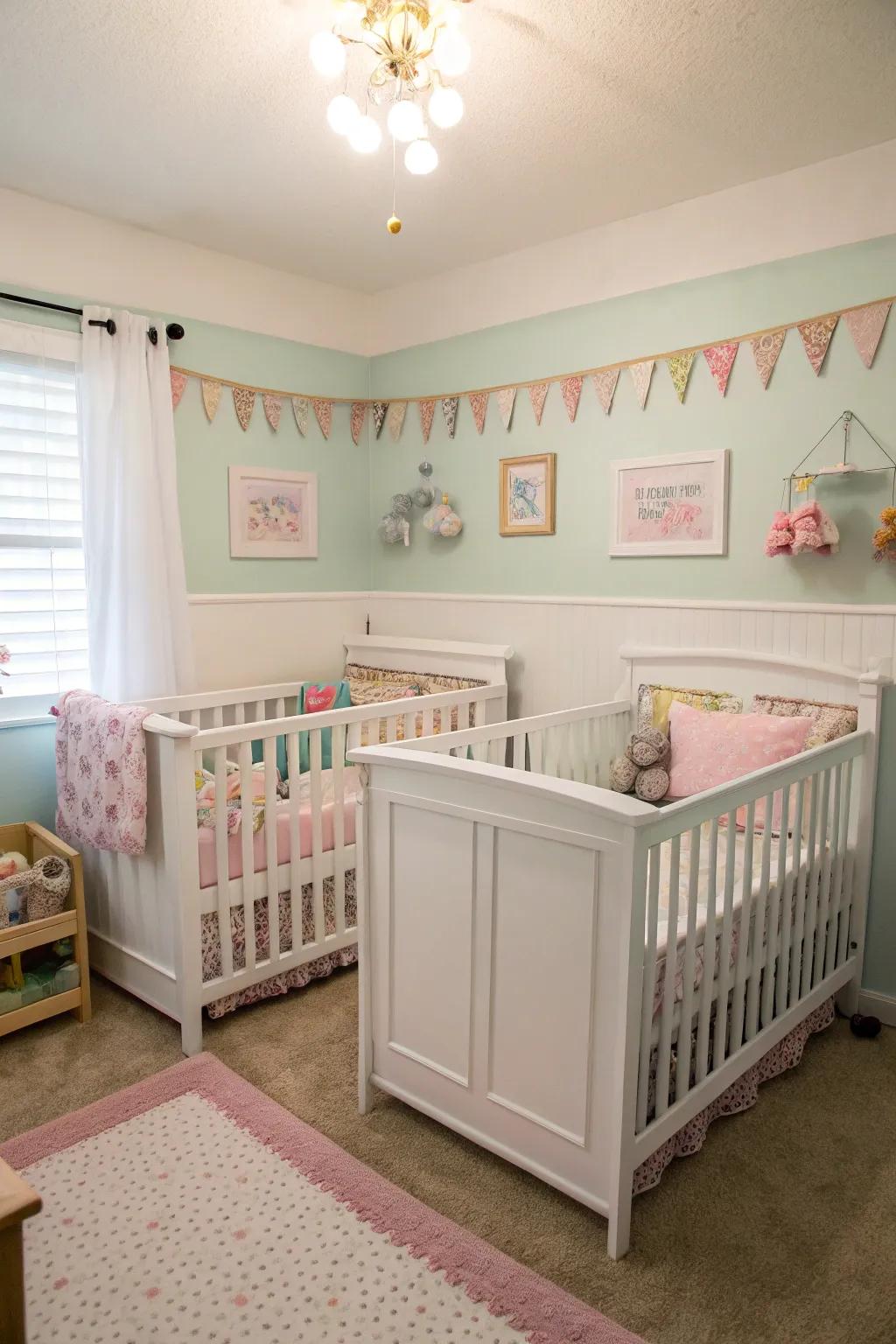 A symmetrical layout with matching cribs promotes an orderly and harmonious nursery.