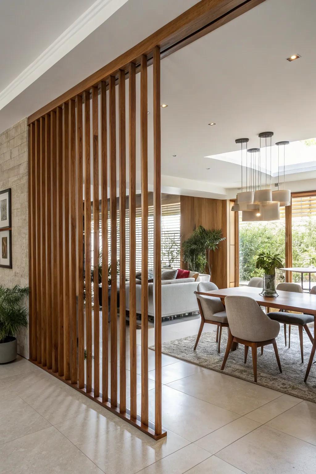 A modern space with vertical wooden slat partitions providing subtle separation.