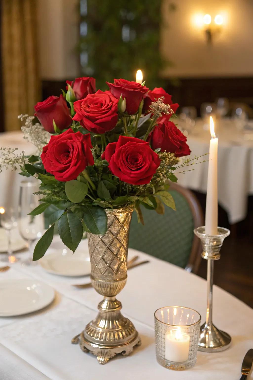 Refined arrangement of ageless crimson roses serving as a table's focal point.