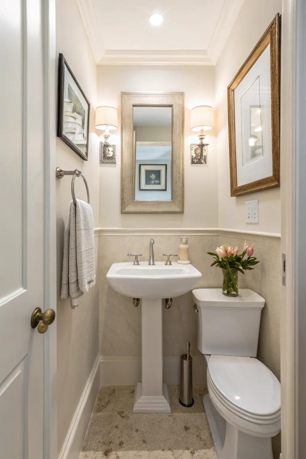 A wall-mounted sink creates space and style in a compact bathroom.