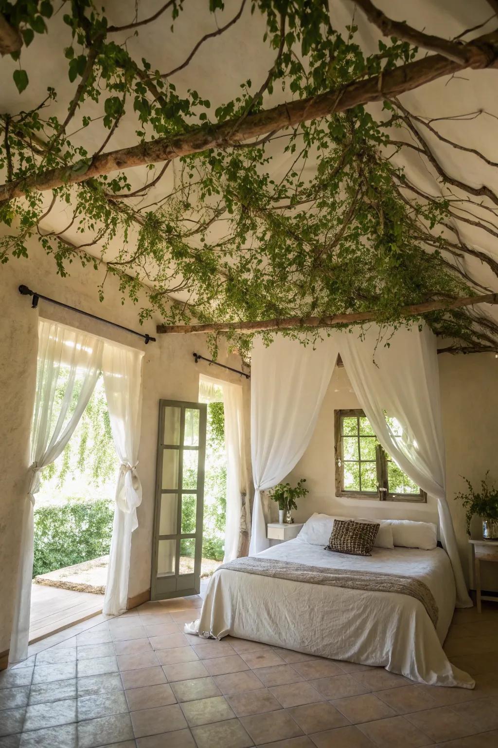 A bedroom revolutionized with a canopy of vines, creating an enchanting ambiance.