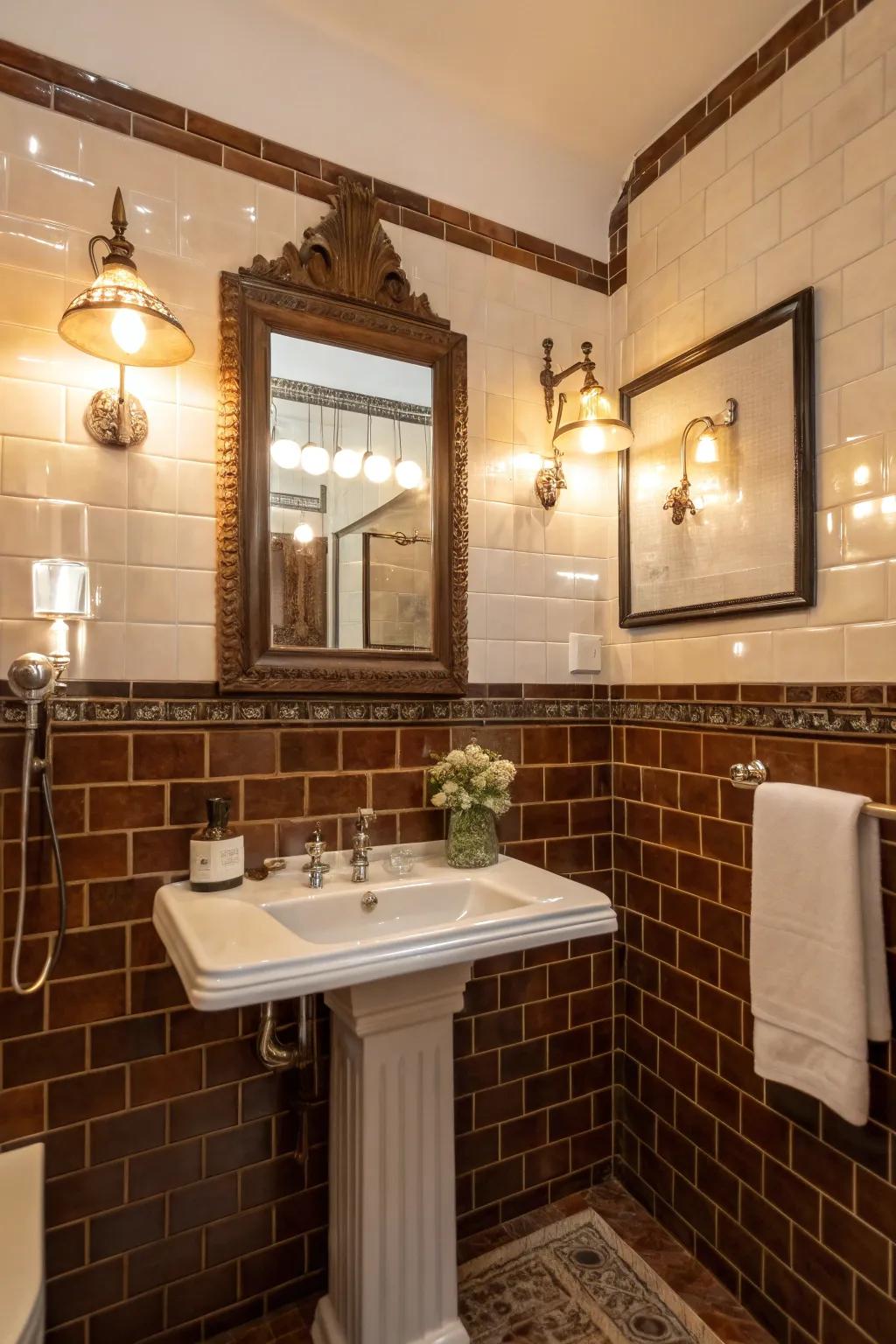 Glossy brown tiles reflect light beautifully, creating a retro ambiance.