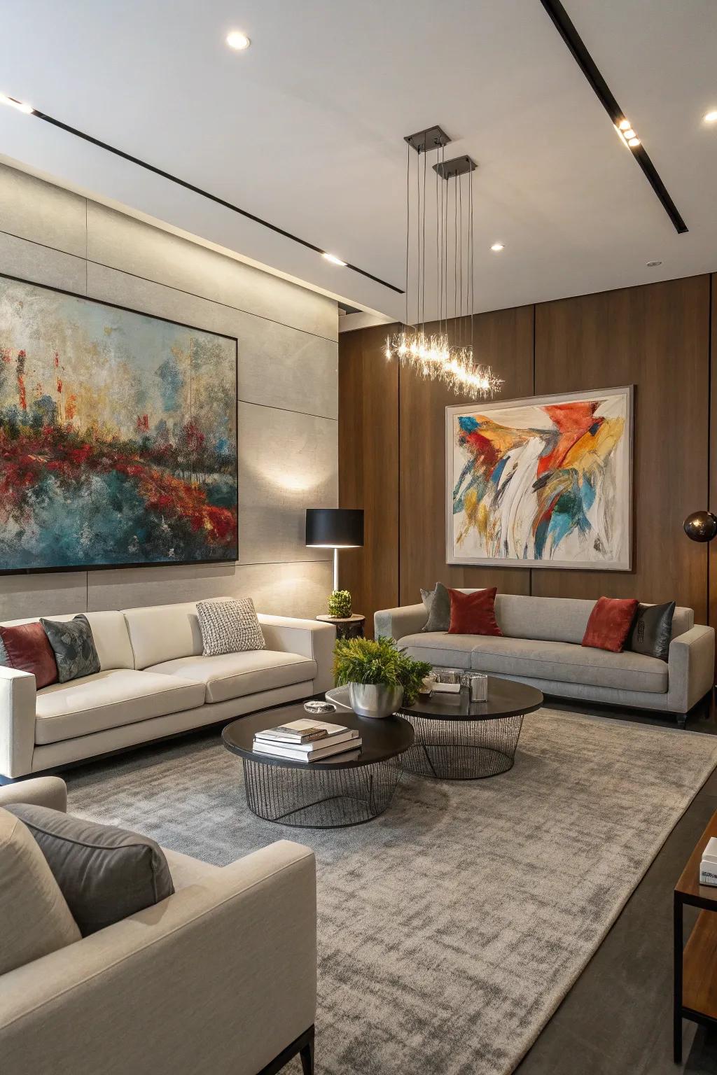 A modern living room with a large abstract painting as the focal point.