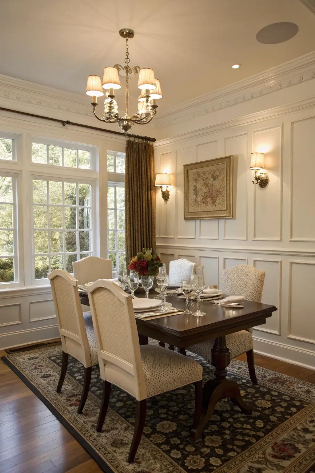 Elegant wainscoting adds sophistication to this dining room.