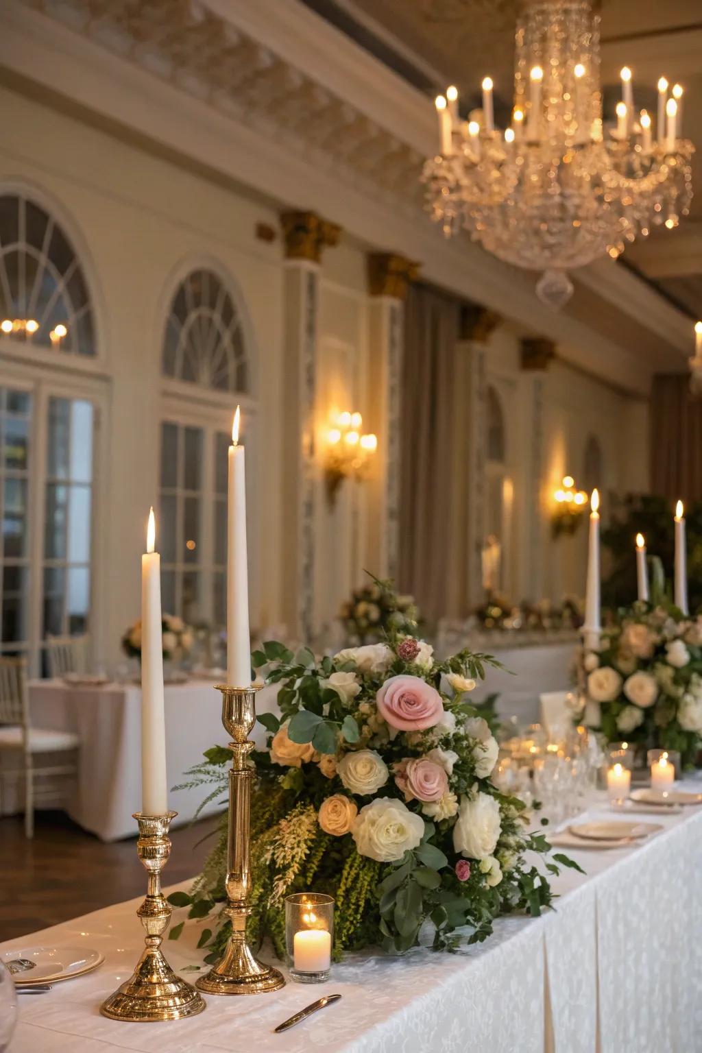 Sophisticated centerpieces with candles and flowers.