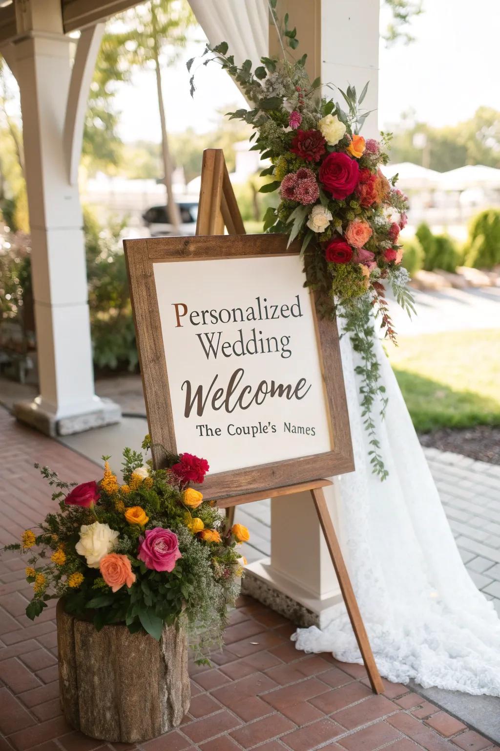A bespoke welcome sign brimming with romantic charm.
