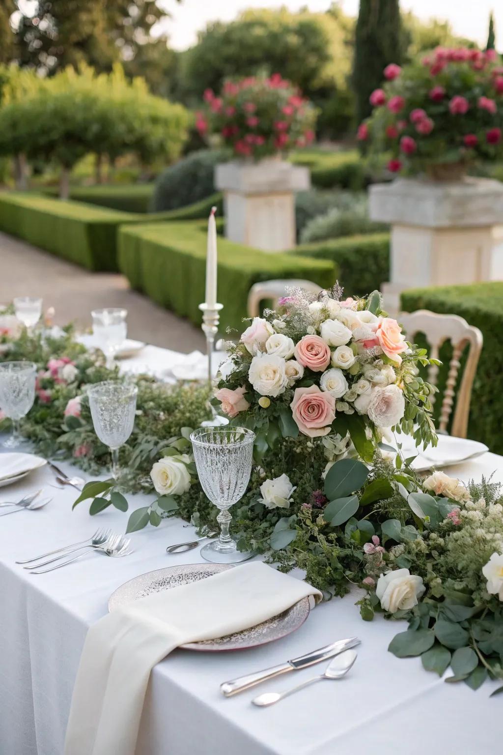 Lush floral arrangements with roses and greenery for a romantic touch.