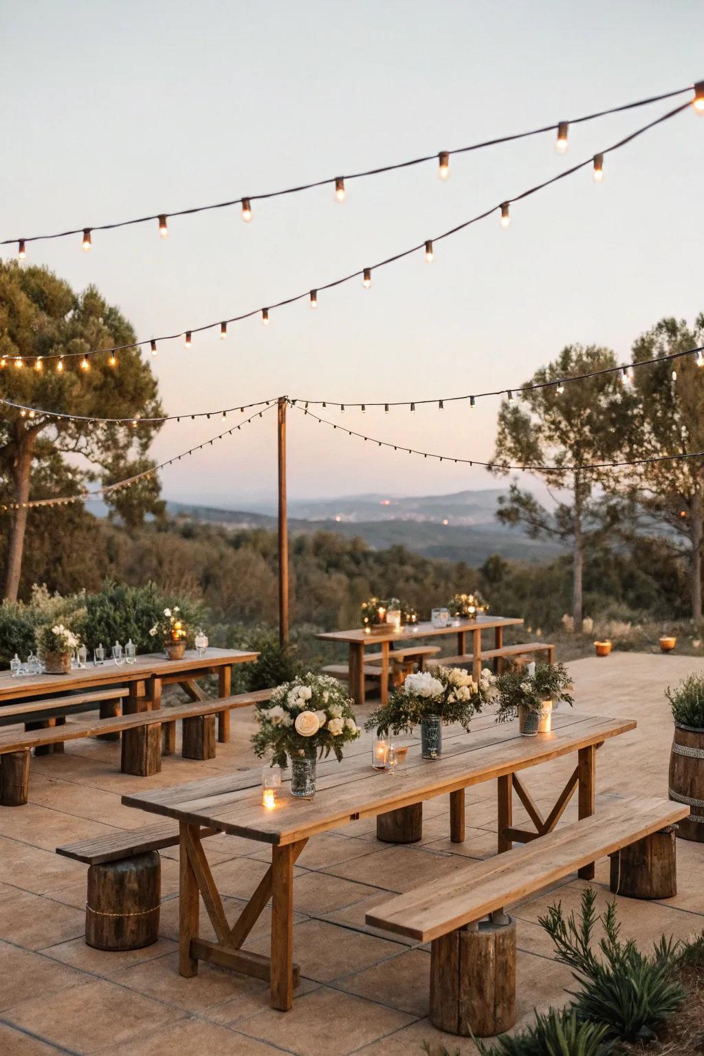 A rustic wedding theme highlighted by natural wood and soft lighting.