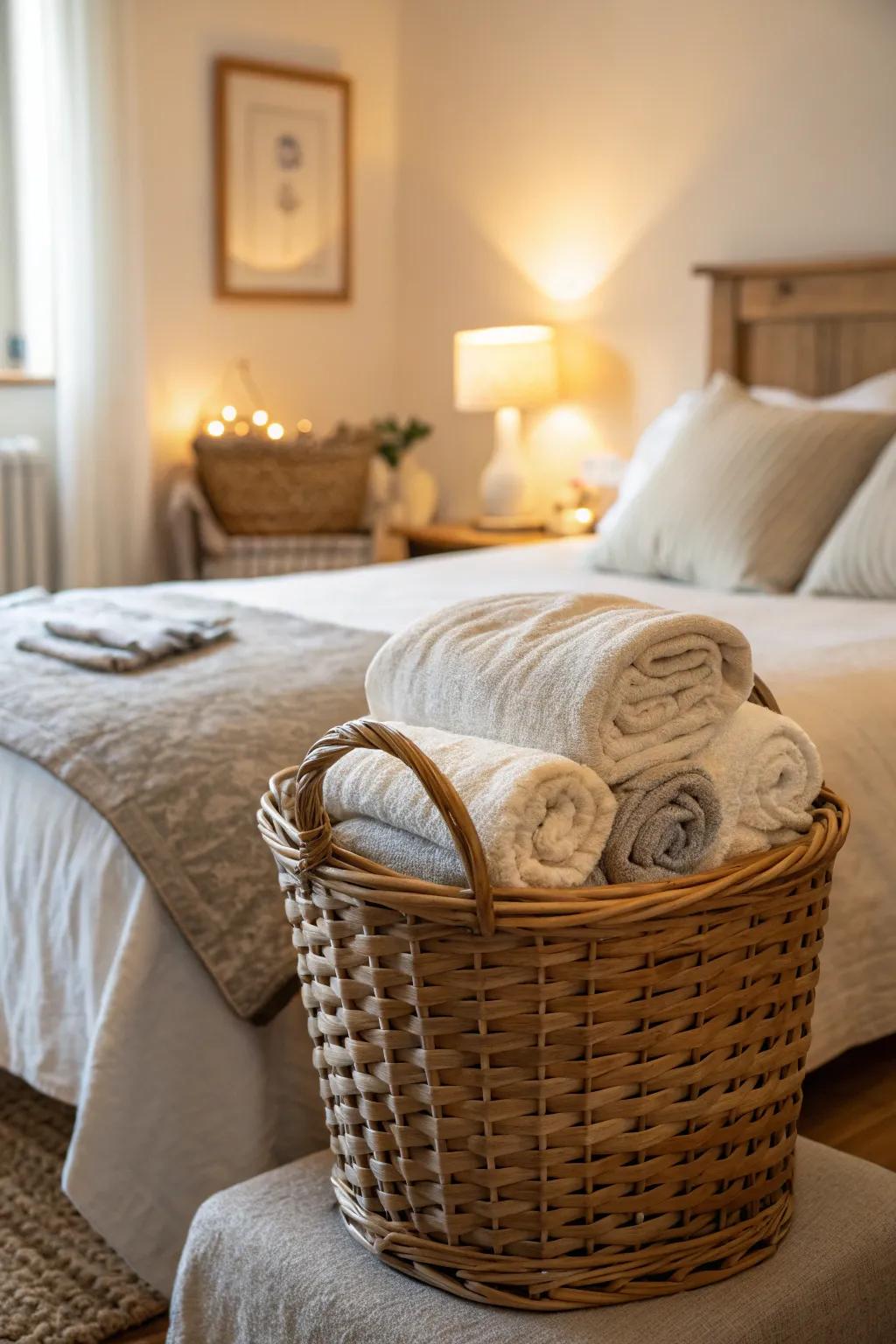 Positioning a grand basket at the foot of your bed is an excellent method for stowing spare blankets.