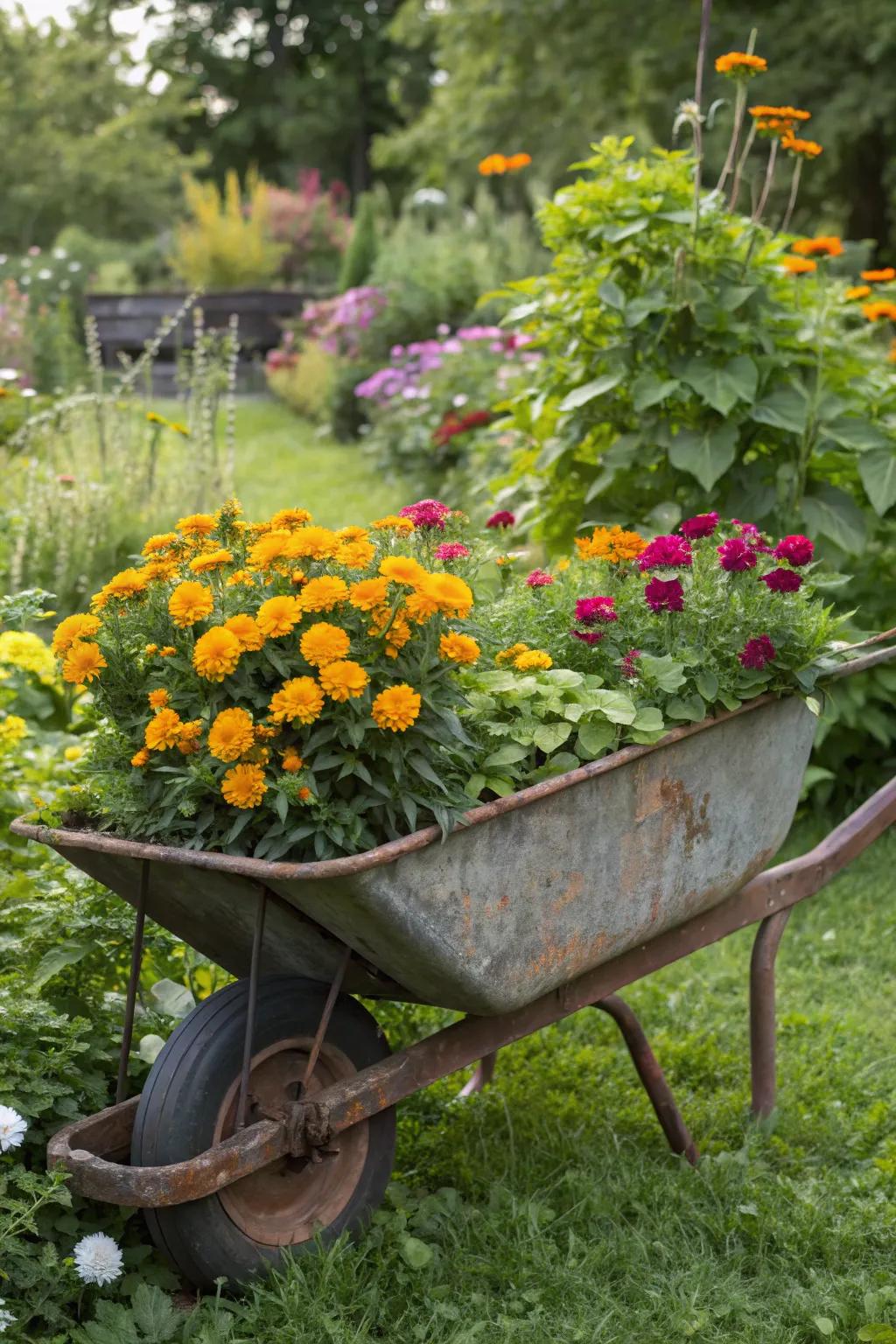 A wheelbarrow planter bursting with colorful blooms.