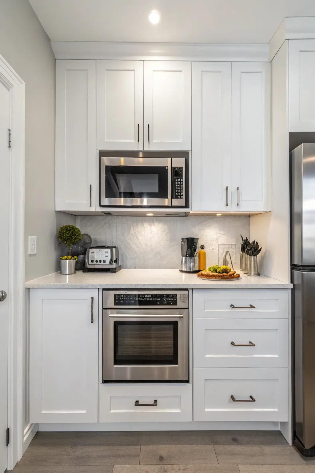 A microwave flawlessly integrated into the kitchen cabinetry for a streamlined aesthetic.