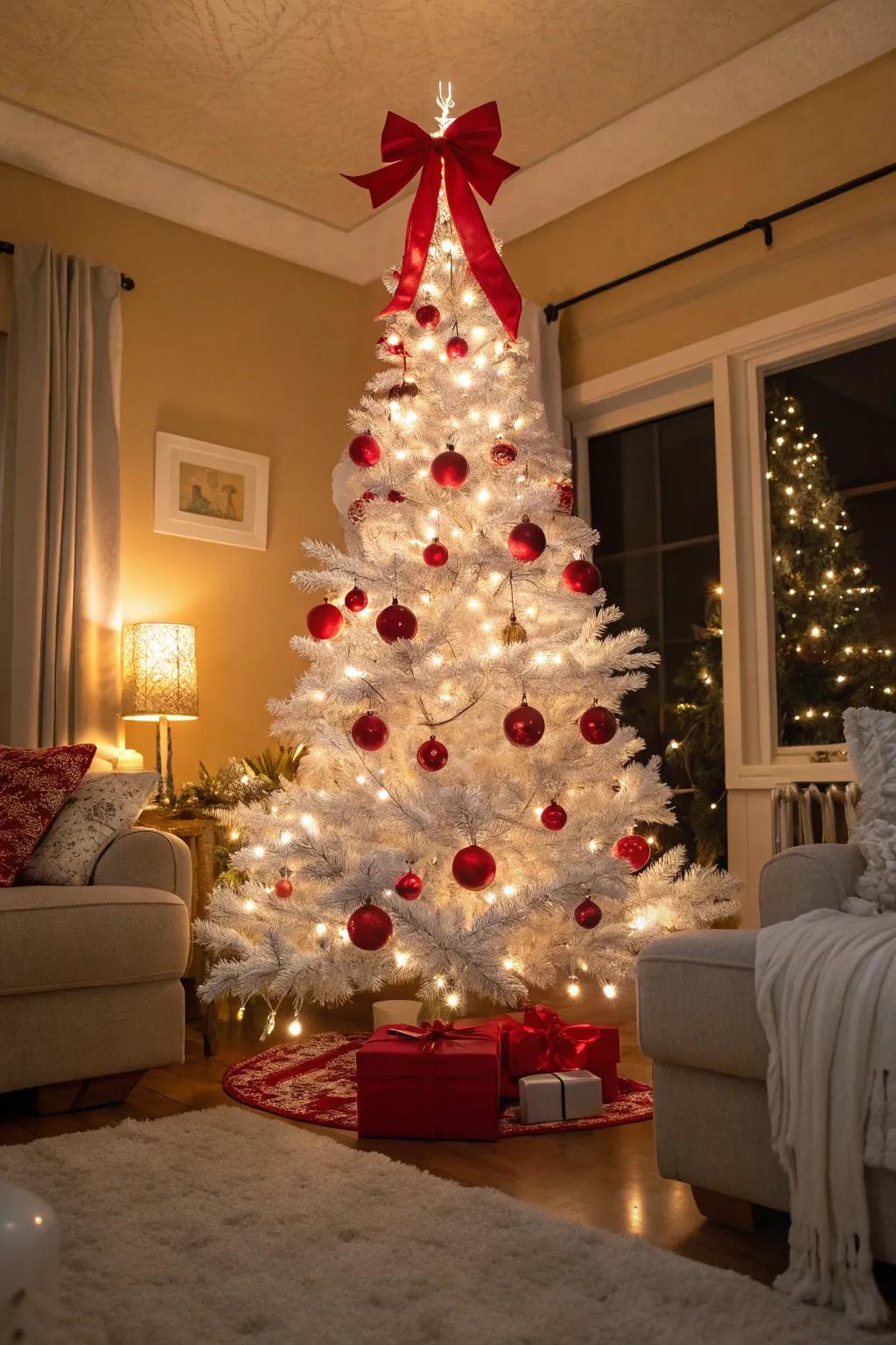 Exemplary red and white theme on a white Christmas tree.