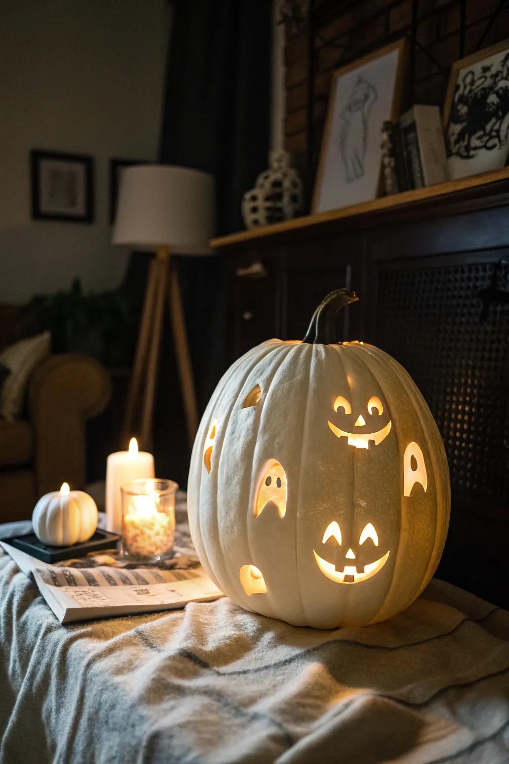 A ghostly face carved into a white pumpkin, perfect for a spooky evening.