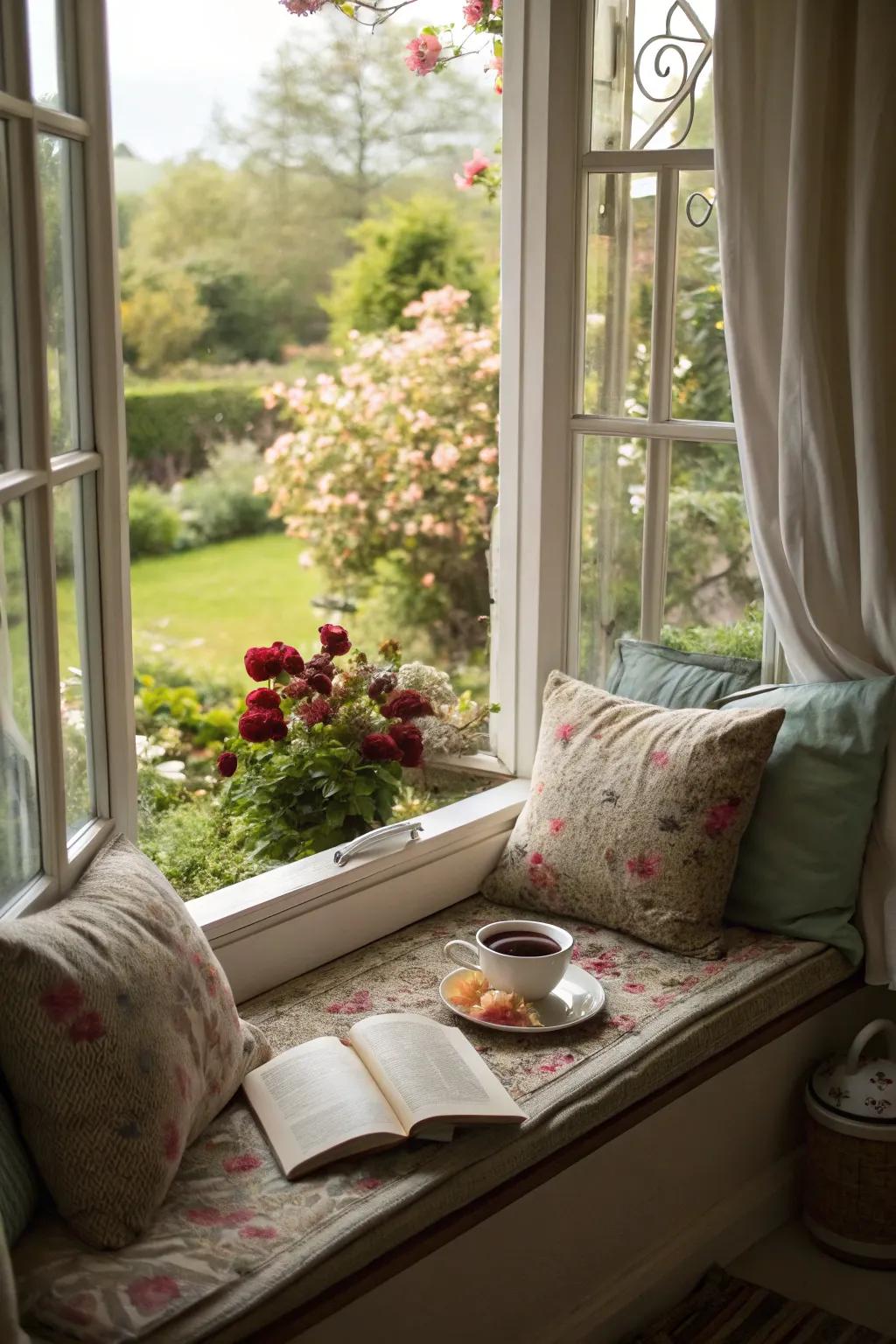 A window seat flooded with natural light, offering a serene garden view.