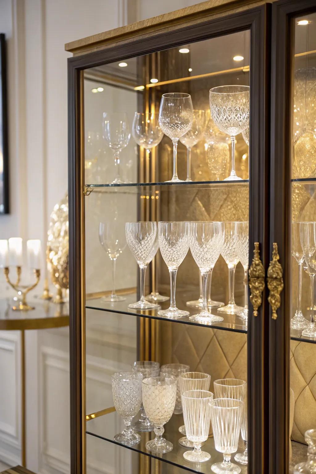 An exquisite glass cabinet presenting a variety of wine glasses.