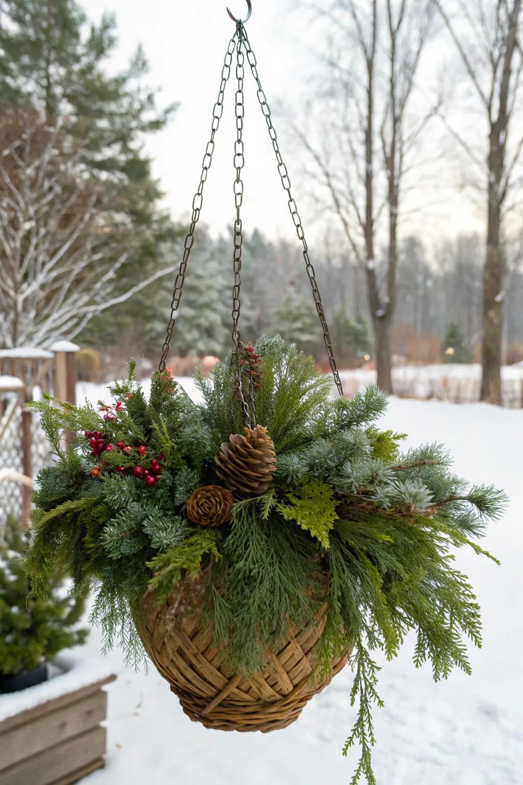 Evergreens bestow a timeless elegance upon winter baskets.
