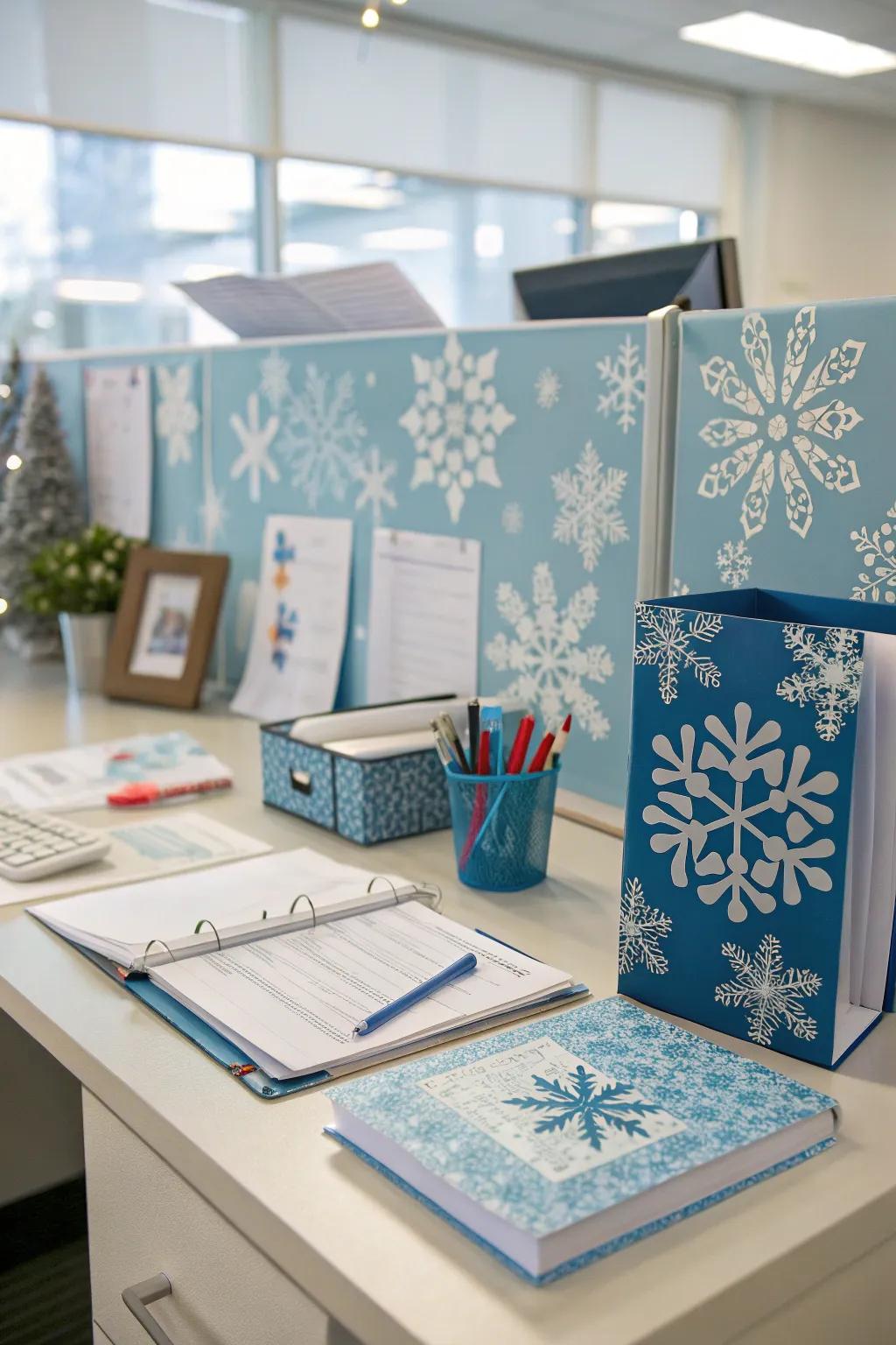 A Winter Wonderland-inspired desk arrangement embodies the tranquility of snow indoors.