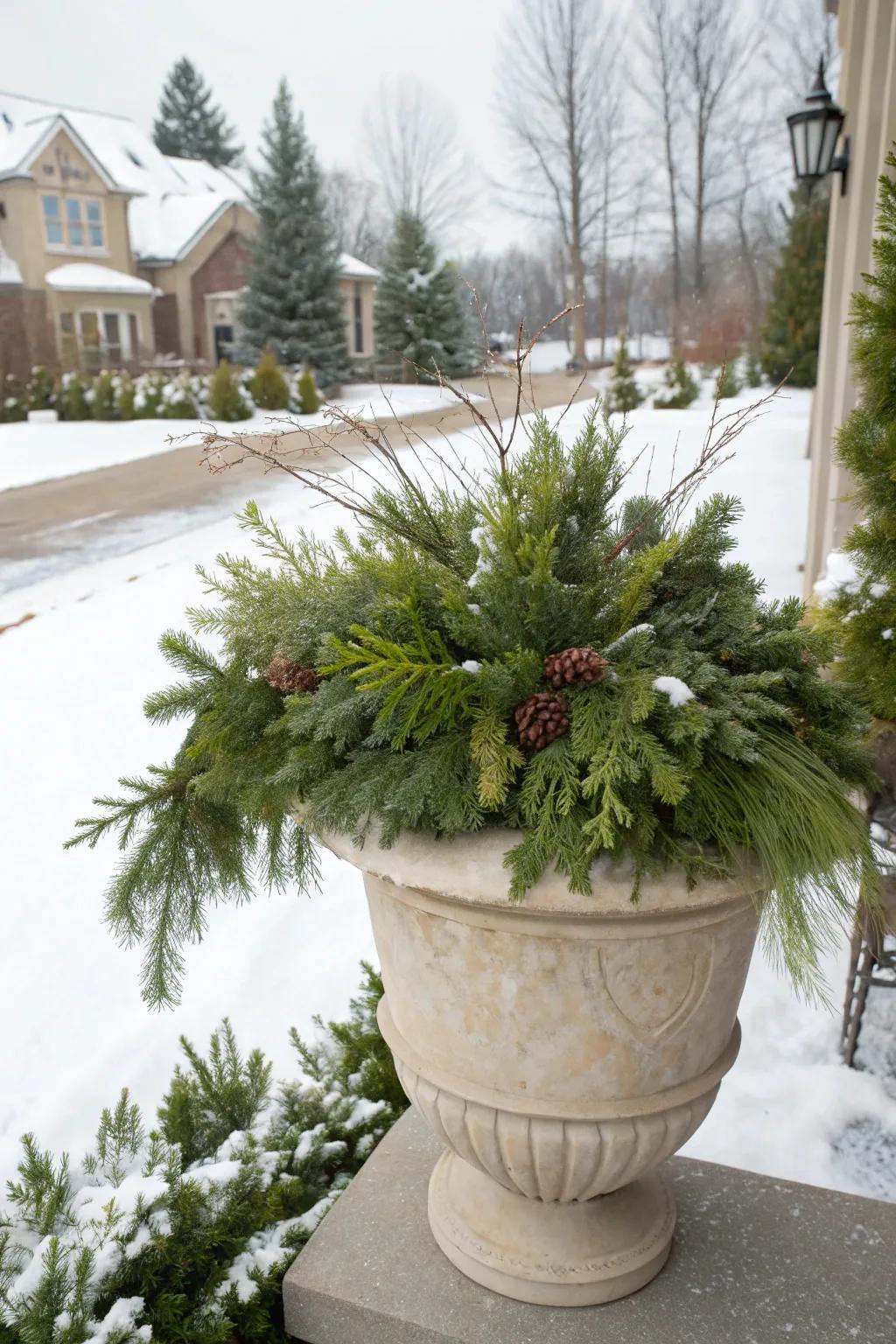 Evergreen plants supply a lush and welcoming foundation for wintry plantings.