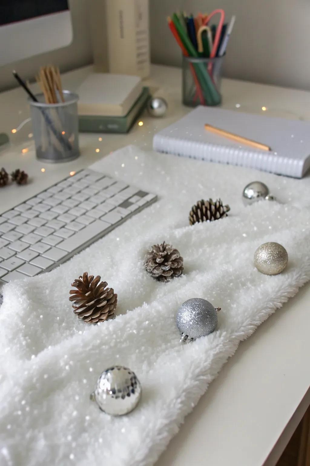 A desk transformed with snow-like decor for a winter wonderland effect.