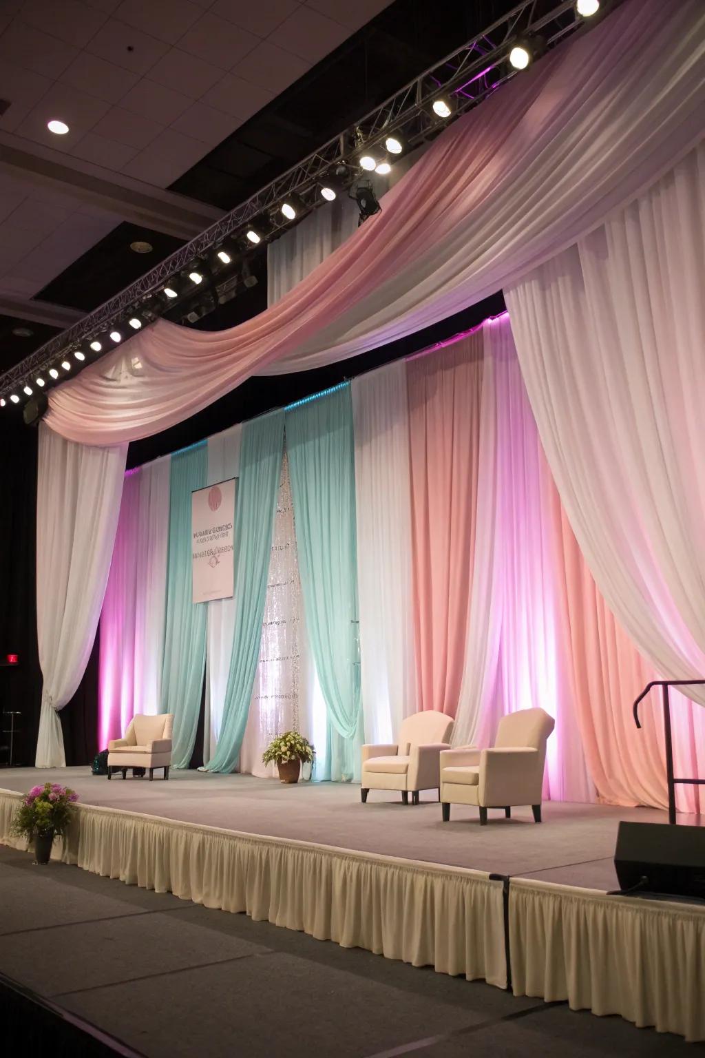 Fabric backdrops enhance any stage with softness and elegance.
