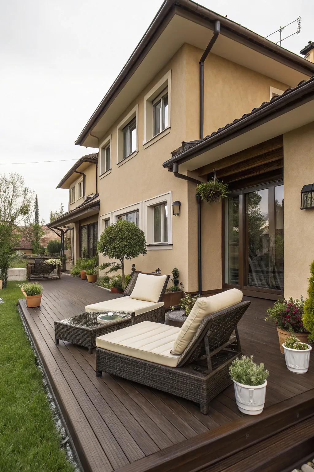Dark brown decking introduces an element of timeless sophistication to a tan house, an ideal backdrop for elegant outdoor gatherings.