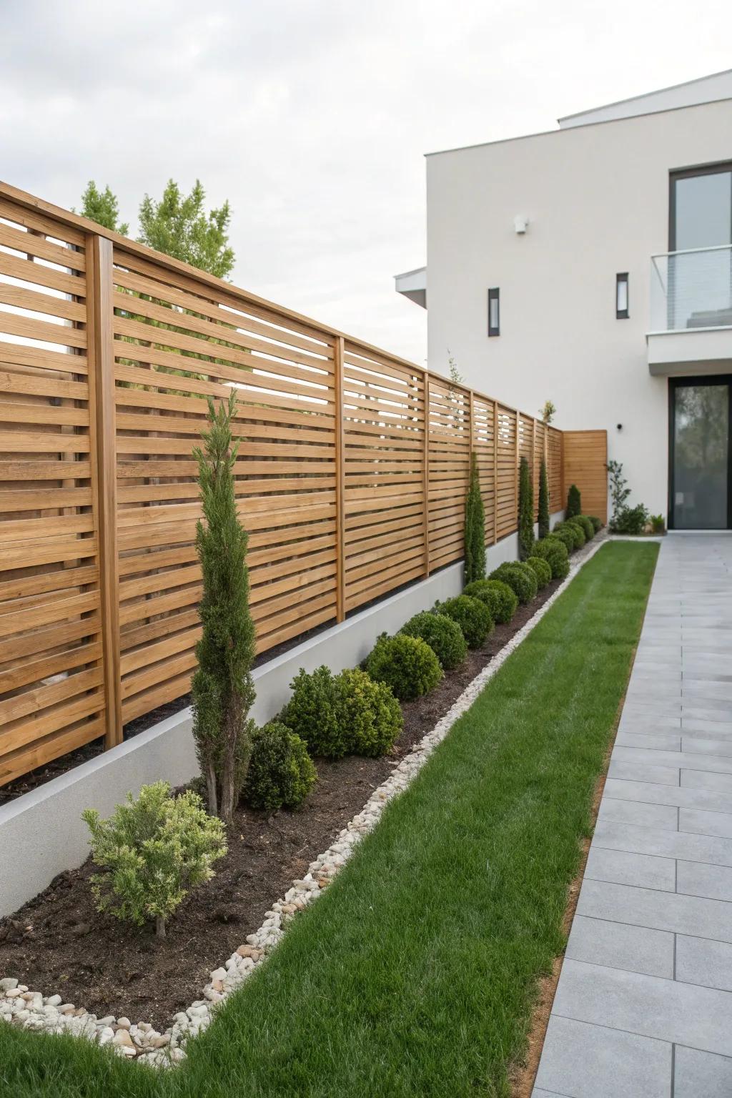 A horizontal slat fence adds a modern touch to any outdoor space.