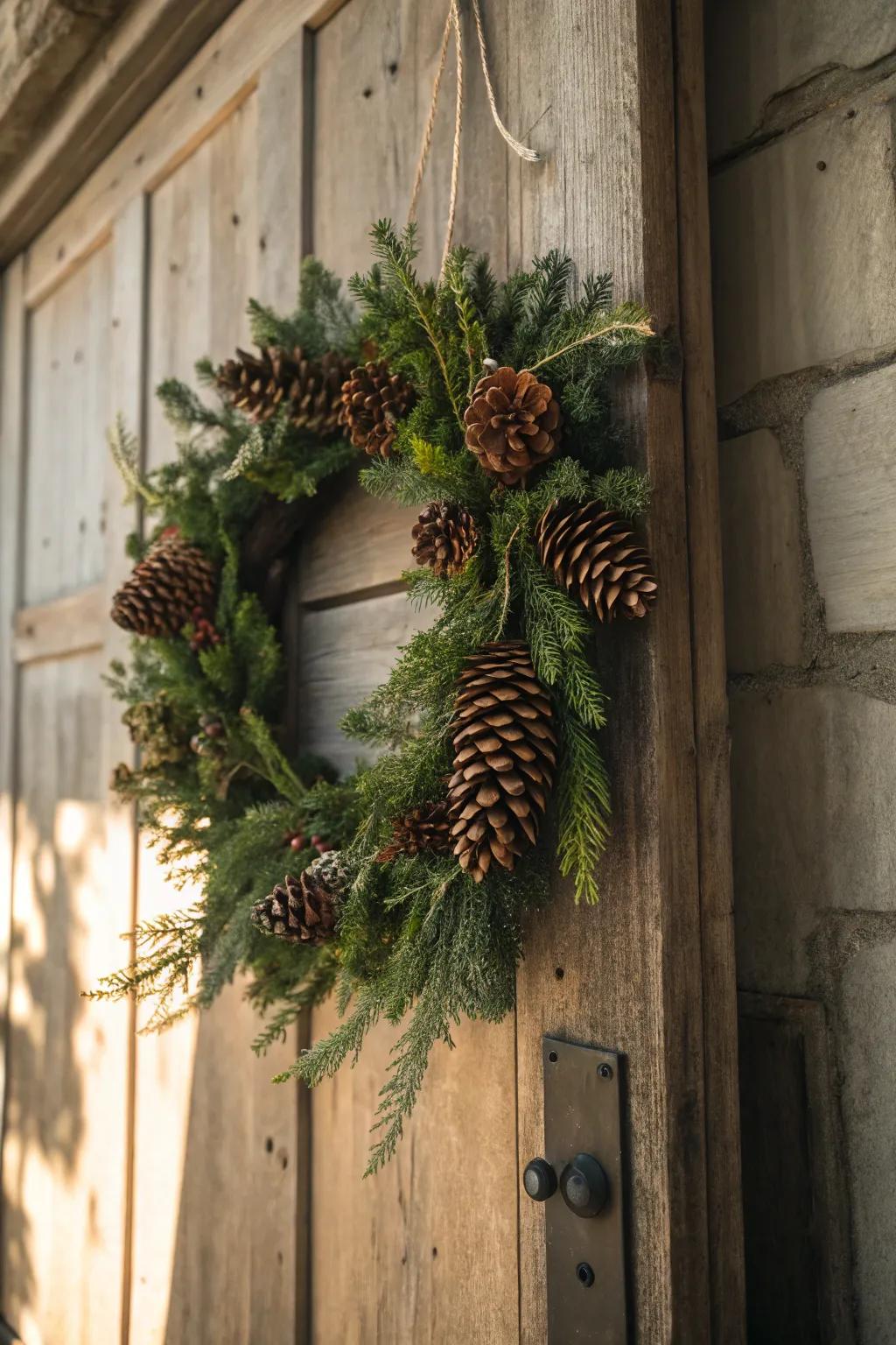 A wreath that captures the essence of a woodland retreat.