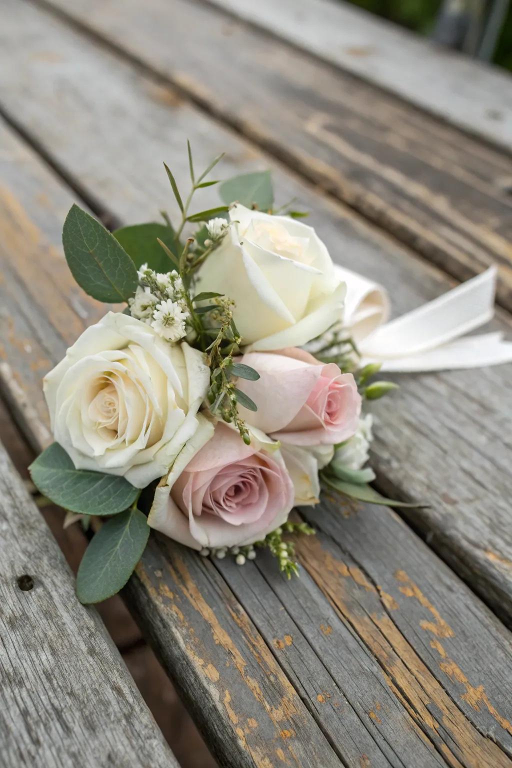 Classic rose wrist corsage with white and blush tones.