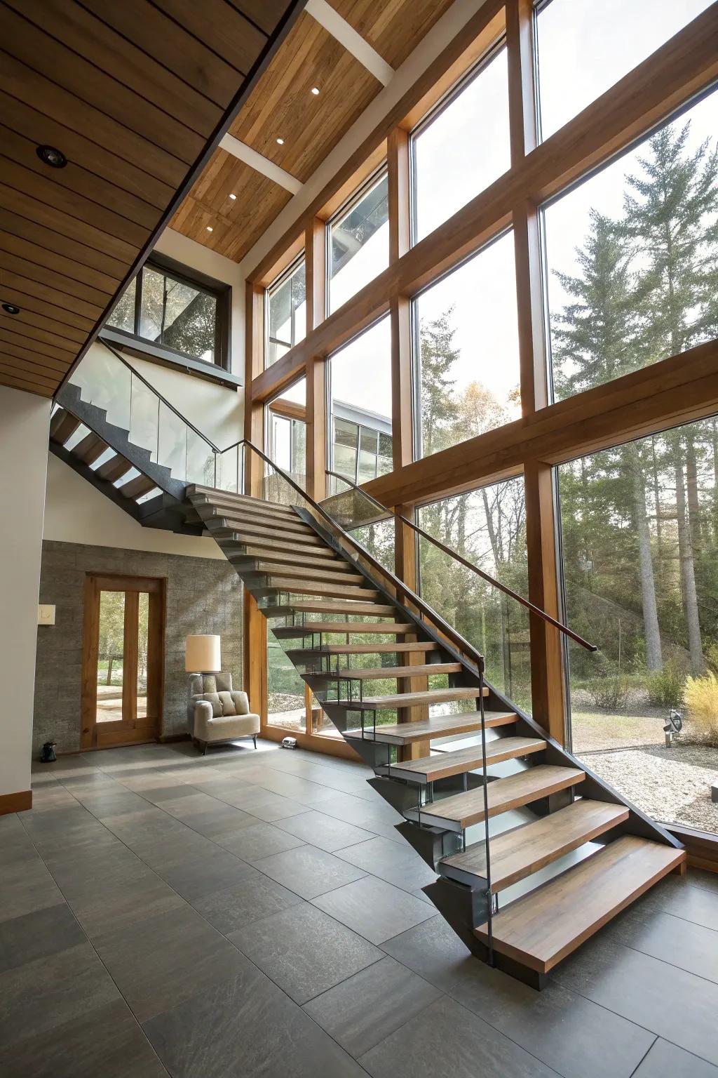 A floating staircase adds architectural interest and elegance.