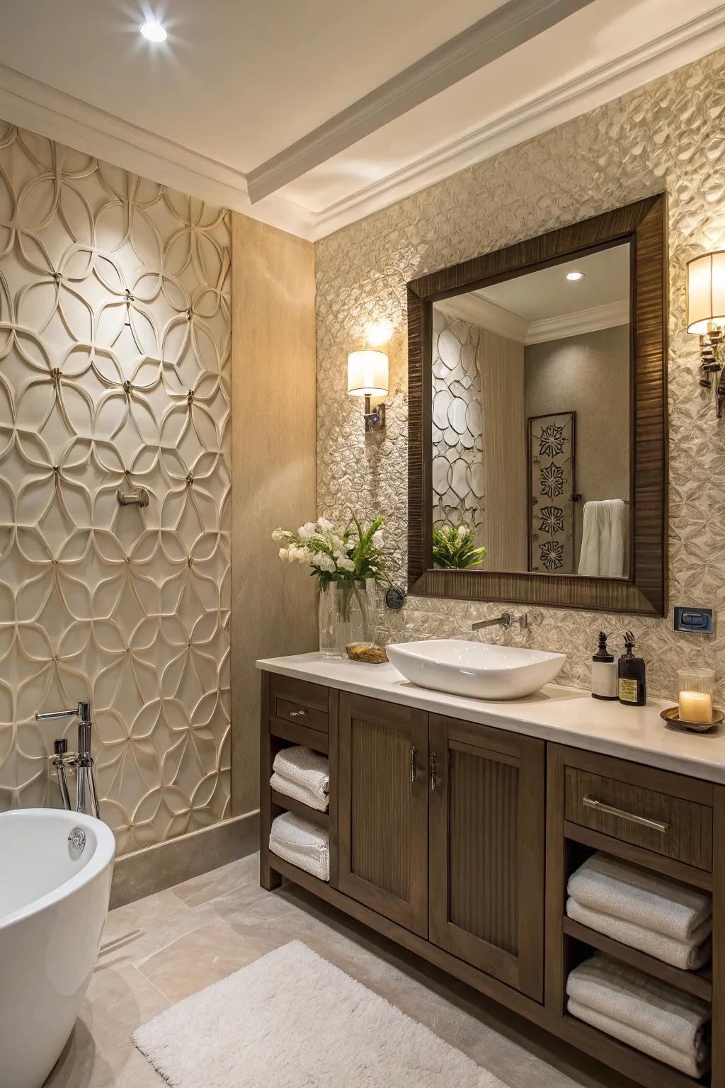 A bathroom with a textured accent wall adding depth and interest.