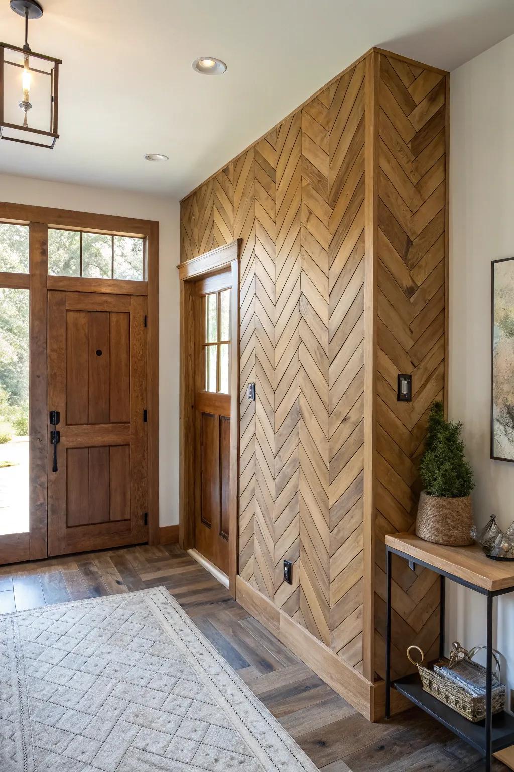 An entryway with a herringbone wood accent wall.