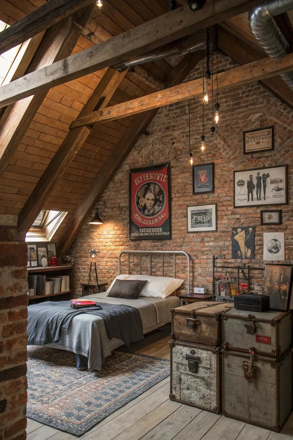 Exposed brick facades introduce texture and industrial charm to your attic space.