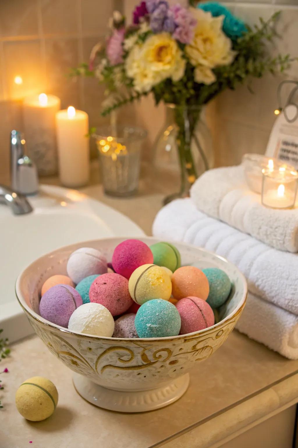 Mini bath bombs provide a relaxing and aromatic favor.