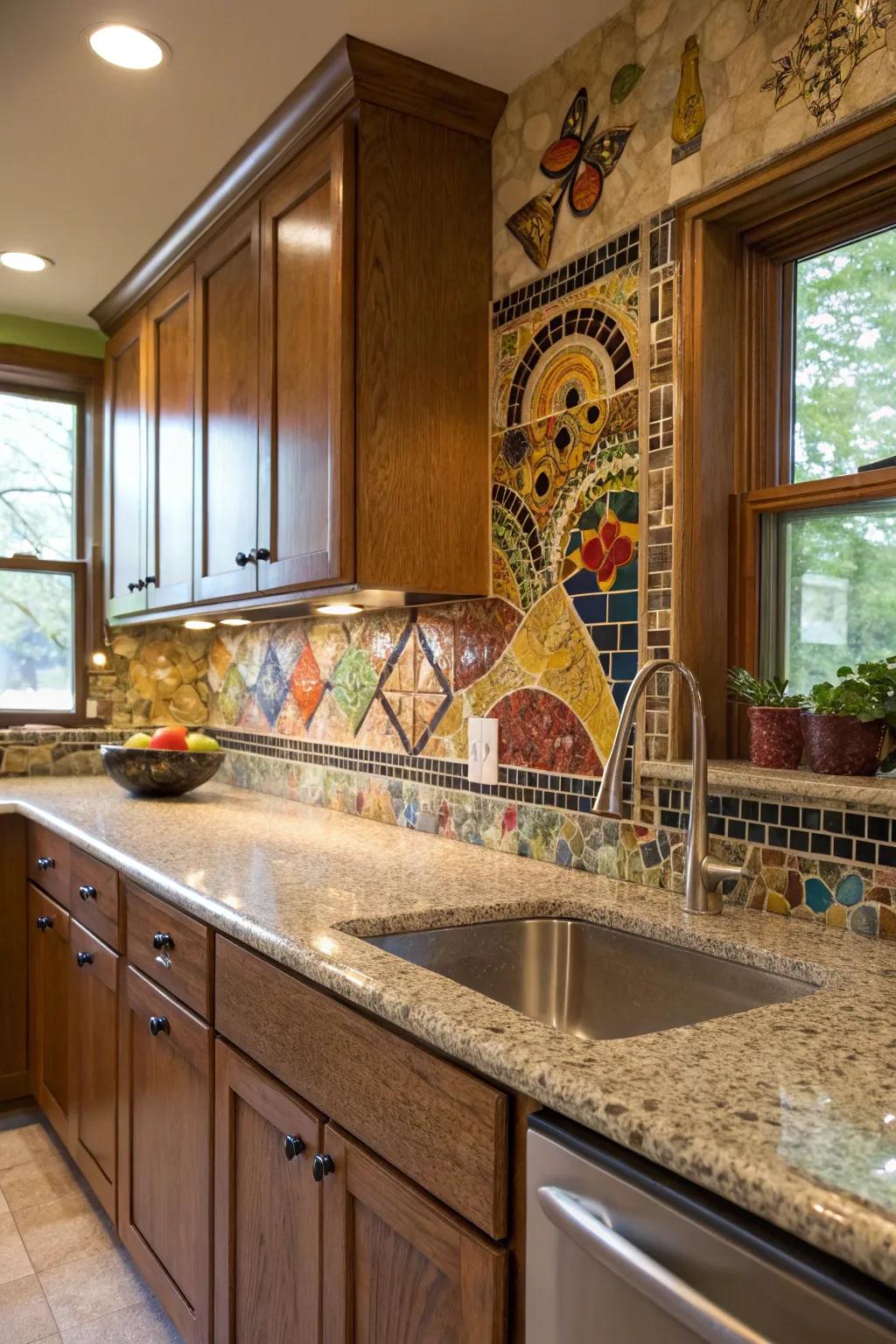 Mosaic accents add an eclectic flair to granite countertops.